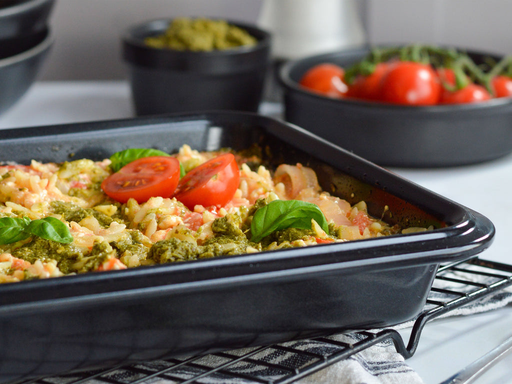 Pesto Tomatoes and Feta Orzo Pasta